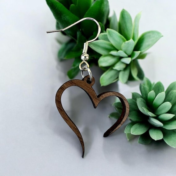 Open Heart Earrings: Jewelry, Walnut Wood, Sterling Silver, Holiday, Valentine's, Hand Crafted Gift, Gift For Her