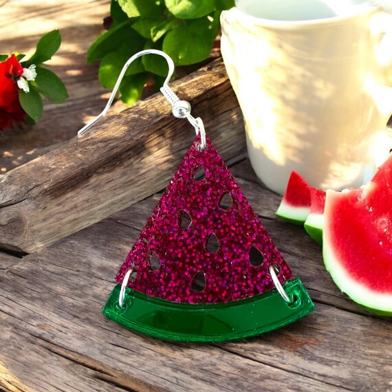 Watermelon Slice Earrings – Acrylic Dangle Earrings with 925 Sterling Silver Hooks – Fun Fruit Jewelry, Summertime Accessory, Vacation