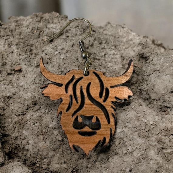 Highland Cow Earrings: Jewelry, Cherry Wood, Nickle Free, Holiday, Hand Crafted Gift, Gift For Her