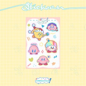 May include: A sheet of stickers with cartoon character designs. The stickers feature Kirby characters in various outfits and poses, with speech bubbles and decorative elements. The sheet has a pink background with a grid pattern and the word "Stickers" at the top.