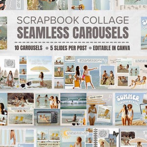 以下が含まれることがあります： 「SCRAPBOOK COLLAGE SEAMLESS CAROUSELS」のテキストが入ったスクラップブックコラージュ。水着姿の人々、カメラ、そして「SUMMER THROUGH MY EYES」のテキストが特徴のビーチシーン。コラージュには「10 CAROUSELS 5 SLIDES PER POST EDITABLE IN CANVA」のテキストが含まれています。