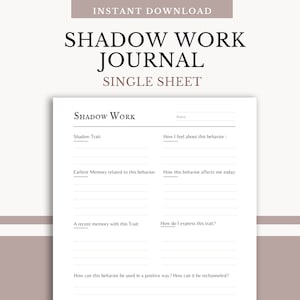 Puede incluir: Una página de diario de trabajo de sombras imprimible con el título "Shadow Work Journal" y el texto "Shadow Trait:", "Date:", "Cómo me siento acerca de este comportamiento:", "Primer recuerdo relacionado con este comportamiento:", "Cómo este comportamiento me afecta hoy:", "Un recuerdo reciente con este rasgo:", "¿Cómo expreso este rasgo?", y "¿Cómo se puede usar este comportamiento de una manera positiva? ¿Cómo se puede reconducir?"