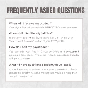 May include: A digital graphic with the text "FREQUENTLY ASKED QUESTIONS" in a dark grey font. The text below answers questions about digital file delivery, location, editing, and support.