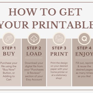 May include: A four-step guide on how to get your printable. The steps are: Buy, Load, Print, and Enjoy. Each step is illustrated with a simple icon and a brief description.