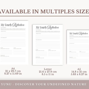 May include: Three printable yearly reflection journal pages in different sizes: A4 (8.27 x 11.69 inches), Letter (8.5 x 11 inches), and A5 (5.83 x 8.27 inches). Each page has a title that reads "My Yearly Reflection" in a decorative script font.