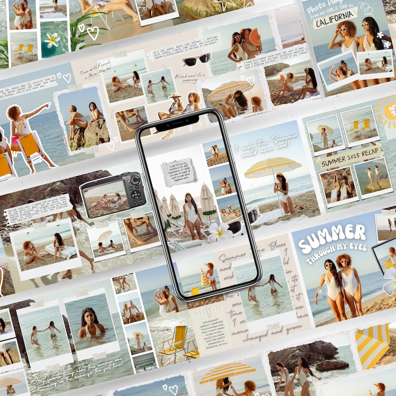 May include: A collage of summer-themed photos, including images of people at the beach, a camera, and a smartphone displaying a beach scene. Text includes "Summer through my eyes" and "Summer 2021 Recap."