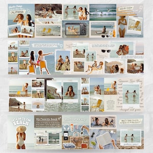 May include: A collage of beach-themed photos with text overlays. The images feature people at the beach, including women in swimsuits, beach chairs, and beach accessories. Text includes "Photo Dump California", "Lets go to the beach", and "Summer Time Blues".