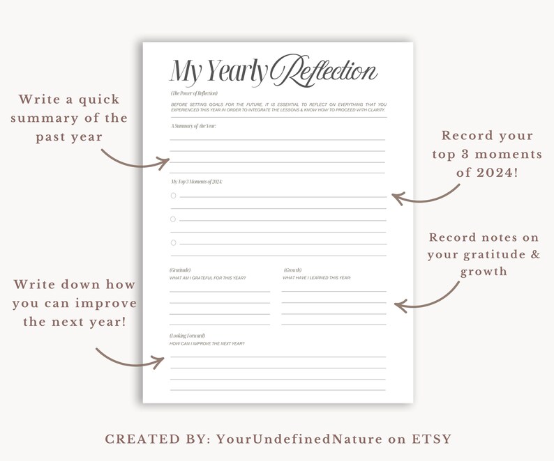 May include: A printable worksheet titled "My Yearly Reflection" with sections for reflecting on the past year, setting goals for the future, and recording gratitude and growth. The worksheet includes prompts for summarizing the year, identifying top moments, and writing down what was learned.