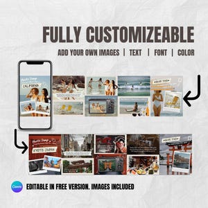 May include: A digital collage with the text "FULLY CUSTOMIZEABLE" and "ADD YOUR OWN IMAGES | TEXT | FONT | COLOR". The collage includes photos from California and Kyoto, Japan, with the text "Photo Dump" and "SAVE THIS".
