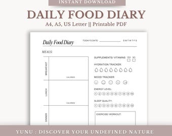 Printable Daily Food Diary: Calorie Tracker, Meal Planner (PDF)