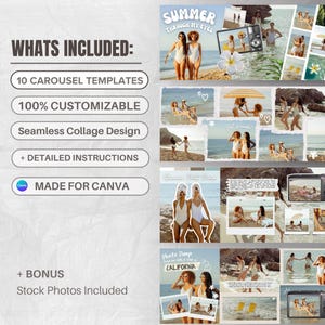 May include: A digital collage template set with a summer theme, featuring beach photos and the text "Summer Through My Eyes" and "Photo Dump CALIFORNIA". Includes 10 carousel templates, customizable designs, and stock photos.