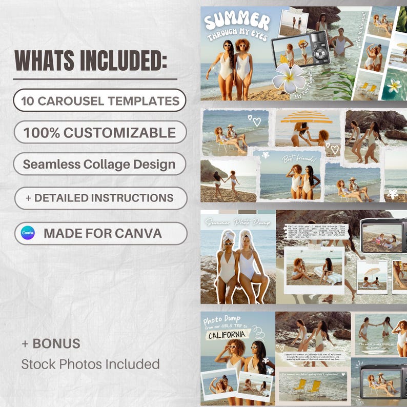May include: A digital collage template set with a summer theme, featuring beach photos and the text "Summer Through My Eyes" and "Photo Dump CALIFORNIA". Includes 10 carousel templates, customizable designs, and stock photos.