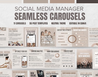 May include: A digital marketing template set titled "Social Media Manager Seamless Carousels." The design includes 11 carousels, 55 post templates, and is editable in Canva. The neutral theme features infographics on social media strategy.
