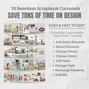May include: A promotional image for digital scrapbook templates. The design features ten seamless scrapbook carousels with beach-themed photos. Text includes "Save Tons of Time on Design" and "Easy & Fast to Edit". Additional features are listed.