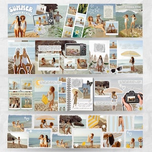 May include: A collage of beach-themed photos with the text "Summer Through My Eyes" and "Best Summer Ever!". The images feature people in swimsuits, cameras, and beach accessories. The color palette includes white, blue, and yellow.
