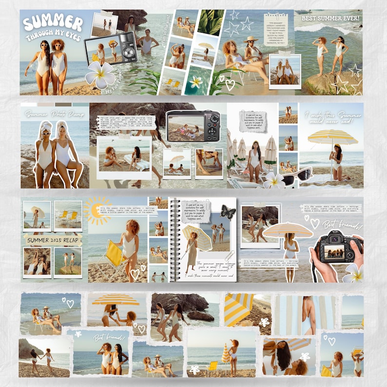 May include: A collage of beach-themed photos with the text "Summer Through My Eyes" and "Best Summer Ever!". The images feature people in swimsuits, cameras, and beach accessories. The color palette includes white, blue, and yellow.