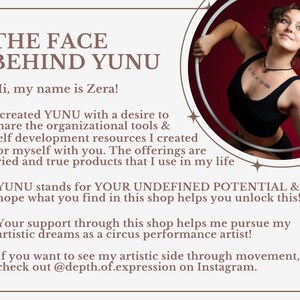 May include: A woman in a black tank top and black leggings is holding a white hoop. The background is red. The text "THE FACE BEHIND YUNU" is at the top of the image. The text "Hi, my name is Zera!" is below the title. The text "I created YUNU with a desire to share the organizational tools & self development resources I created for myself with you. The offerings are tried and true products that I use in my life" is below the greeting. The text "YUNU stands for YOUR UNDEFINED POTENTIAL & I hope what you find in this shop helps you unlock this!" is below the previous text. The text "Your support through this shop helps me pursue my artistic dreams as a circus performance artist!" is below the previous text. The text "If you want to see my artistic side through movement, check out @depth.of.expression on Instagram." is below the previous text.