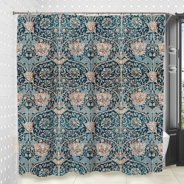 Fabric Shower Curtains William Morris "Teal Honeysuckle & Tulip" Maximalist Decor Fabric Shower Curtain Long Shower Curtain