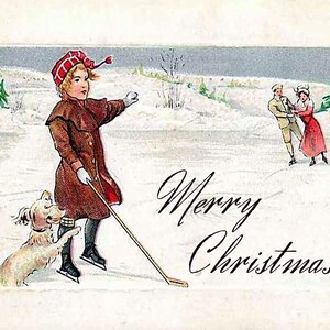 Boxed Christmas Cards - Custom Personalized Vintage Style Boxed Cottagecore Christmas Cards with Family Photo Inside and Ice Skaters and Dog