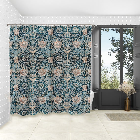 Fabric Shower Curtains William Morris "Teal Honeysuckle & Tulip" Maximalist Decor Fabric Shower Curtain Long Shower Curtain