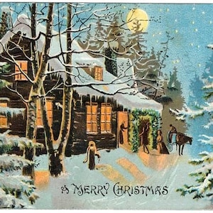 Boxed Christmas Cards - Custom Personalized Vintage Style Boxed Cottagecore Christmas Cards with Cozy Cottage and Family Photo Inside