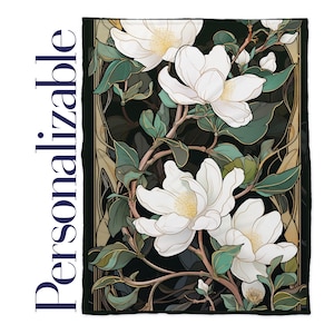 Personalizable Fleece Blanket -  Sherpa Blanket - &quot;Magnolia&quot;  Art Nouveau Blanket - Personalized Blanket for Adults