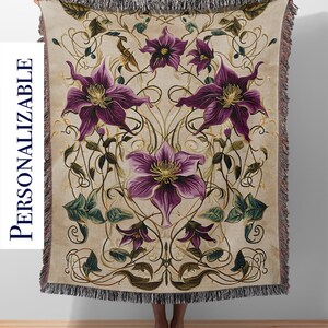 Woven Throw Blanket - "Purple Clematis" Wall Tapestry Hanging Woven Blanket - Art Nouveau Blanket - Personalized Blanket For Adults