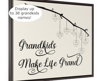 customized gift paper Custom Personalized Grandkids Names Sign with Birthdays on Premium Framed Canvas Wrap - Grandkids Make Life Grand - Grandkids Sign