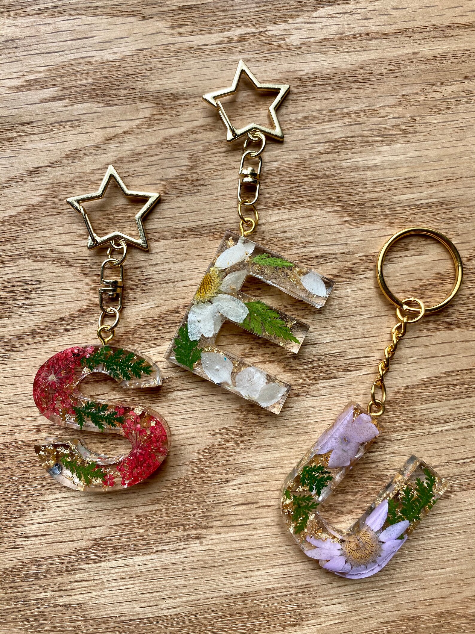 Floral Initial Letter Keychain Flowers Gold Flake Etsy