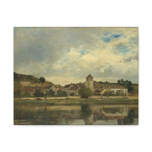 Puede incluir: Una pintura que representa una escena de pueblo con un campanario de iglesia en el centro. El pueblo est&aacute; situado en la orilla de un r&iacute;o con un reflejo del cielo y las nubes en el agua. El cielo es azul claro con nubes blancas.