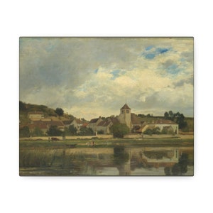 Puede incluir: Una pintura que representa un peque&ntilde;o pueblo con un campanario de iglesia en el centro, rodeado de &aacute;rboles y un r&iacute;o. El cielo est&aacute; nublado y el agua refleja el cielo y el pueblo.