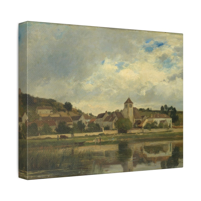 Puede incluir: Una pintura que representa un peque&ntilde;o pueblo con un campanario de iglesia, ubicado a orillas de un r&iacute;o. El cielo est&aacute; nublado con toques de azul, y el agua refleja el paisaje circundante.