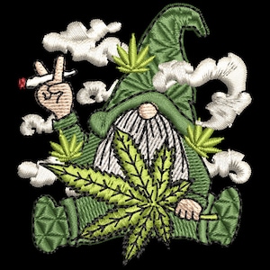 May include: A green gnome with a white beard is sitting with a large green marijuana leaf in front of him. He is holding a lit joint in his right hand and there are clouds of smoke around him.