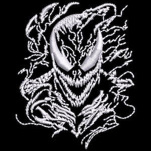 May include: White embroidered design of a stylized monster face with sharp teeth and horns, set against a black background. The design has a textured, three-dimensional appearance, resembling stitching or embroidery.