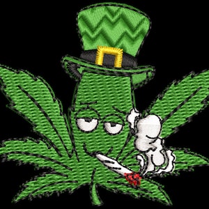 May include: A green marijuana leaf with a cartoon face wearing a green leprechaun hat with a gold band. The leaf is smoking a joint and has a cloud of smoke coming out of its mouth.