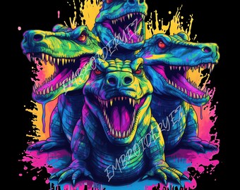 May include: A psychedelic illustration of a four-headed alligator with neon green, blue, and pink colors. The alligator is set against a yellow and pink splatter background.