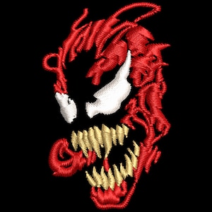 Puede incluir: Imagen bordada en rojo y blanco de un monstruo de dibujos animados con dientes afilados y una lengua grande. El monstruo tiene un esquema de color rojo, blanco y negro.