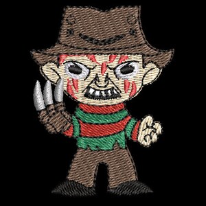 May include: Embroidered patch of a cartoon Freddy Krueger character with a brown hat, red and green striped shirt, and a brown glove with silver claws.