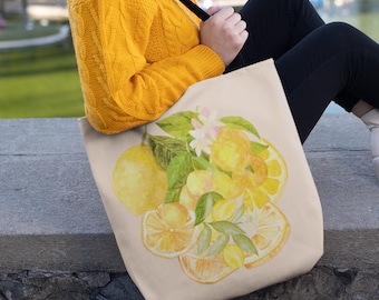 Lemon Tote Bag | Botanical Lemon Tote Bag | Lemon Tote | Fruit Tote | Tote Bag Gift | Lemon and Botanicals
