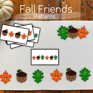 Pode incluir: Um conjunto de cartões de padrões imprimíveis com tema de outono com bolotas, folhas de bordo e folhas de carvalho com rostos fofinhos. Os cartões são rotulados como "Fall Friends Patterns".