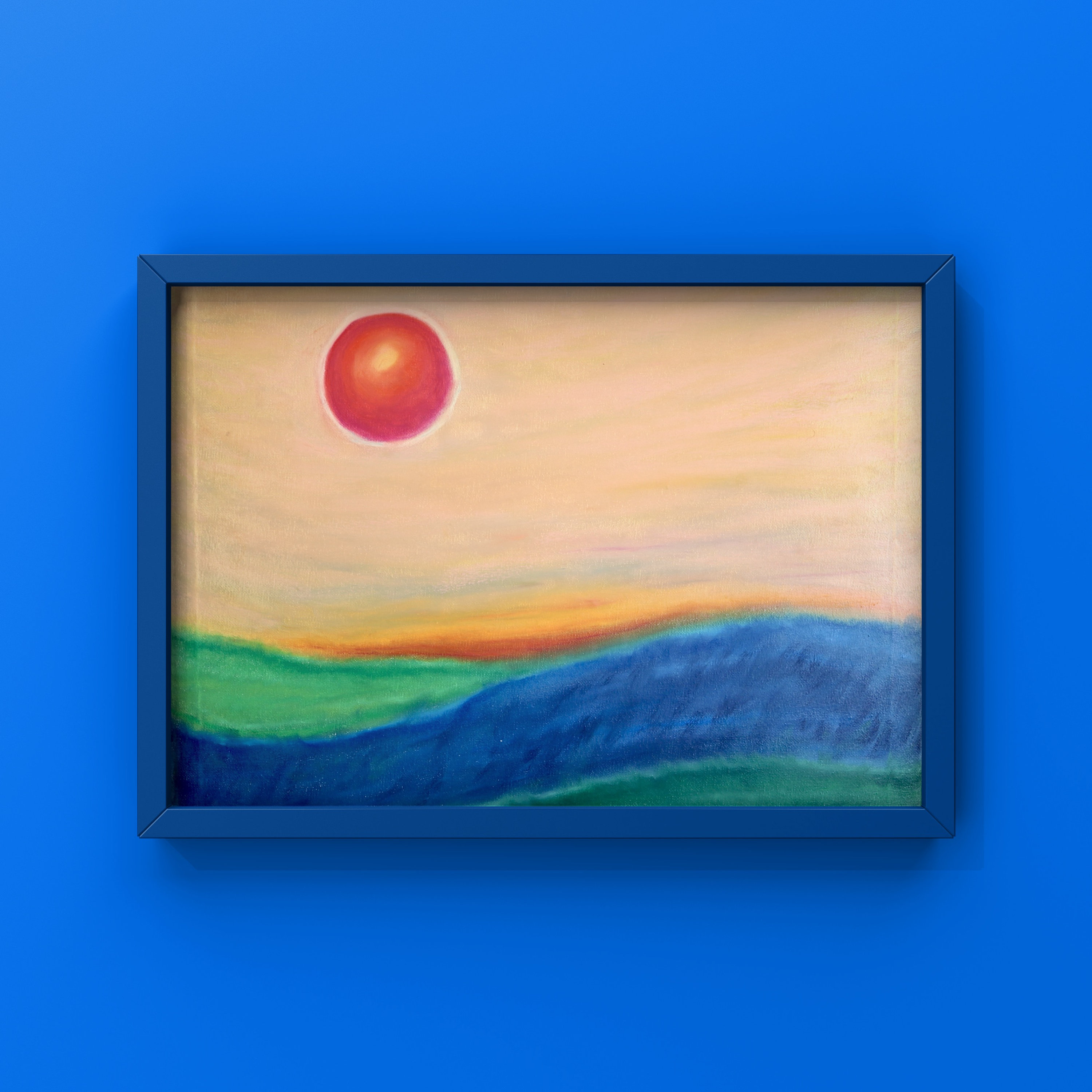 Red Sun Abstract Landscape With Peach Sky Blue Hills - Etsy