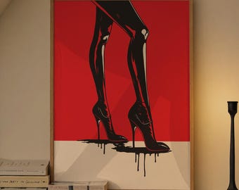 Latex High Heels Art Print | Red Femdom Gothic Bedroom Decor, Framed