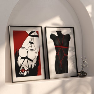 May include: Two framed black and white illustrations. The left illustration shows a person tied up with red rope and a red ball gag. The right illustration shows a torso tied up with red rope.