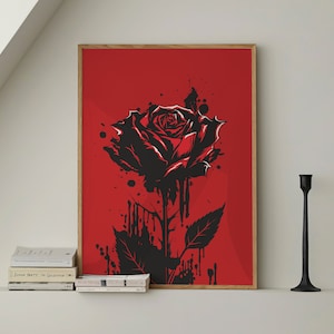 Rosa negra minimalista arte gótico moderno impresión grande encima de la cama dormitorio sala de estar decoración de arte de pared / listo para colgar / cartel enmarcado