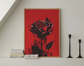 Black Rose Gothic Art Print | Minimalist Bedroom Wall Decor, Framed