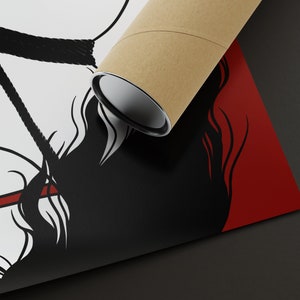 May include: A black and white illustration of a person with a red and white headband, a black rope tied around their head, and a black background. The illustration is printed on a poster that is rolled up and being held by a brown cardboard tube.