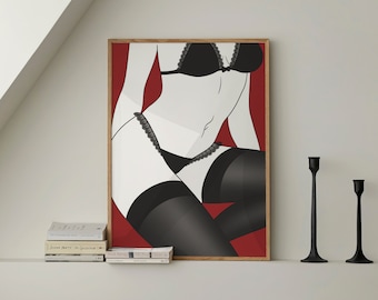 Minimalist Lingerie Art Print | Woman Body Line, Red Framed Poster