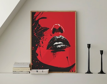 Minimalist Red And Black Feminine Lips Modern Art Print Large Above Bed Bedroom Living Room Wall Art Decor | Ready To Hang | Framed Poster