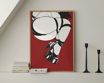 Plus Size Shibari Bondage Erotyczne Perwersyjne Obcasy Nowoczesne Minimalistyczne Czerwone Art Print Duża Sypialnia Dekoracja Ścienna | Gotowe Do Powieszenia | Oprawiony Plakat