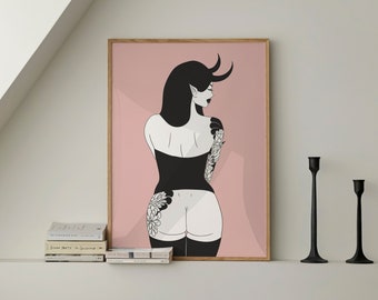 Goth Pinup Art Print | Satanic Girl, Light Pink, Framed Poster